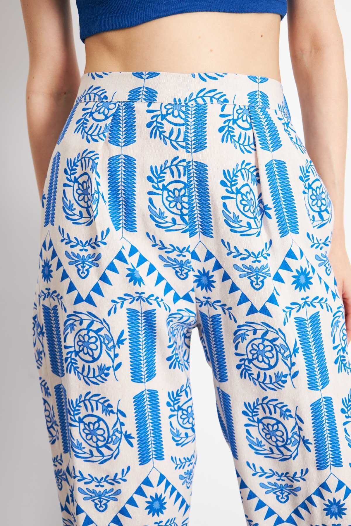 PALAZZO Pants with Patterned Patterned Blue Linen Look