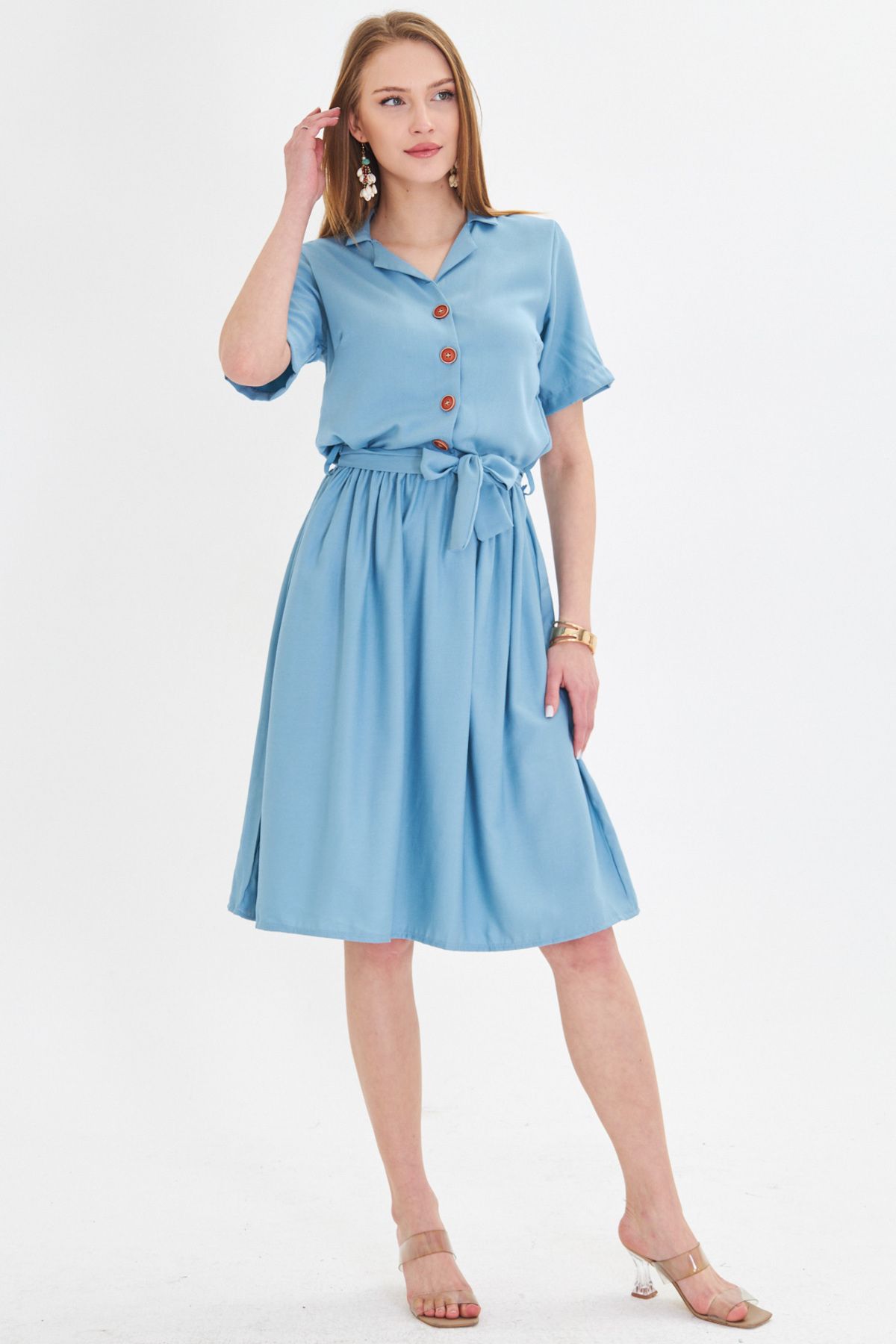 Woman Indigo front buttoned waist shirred belt midi size dress ARM-24Y001068