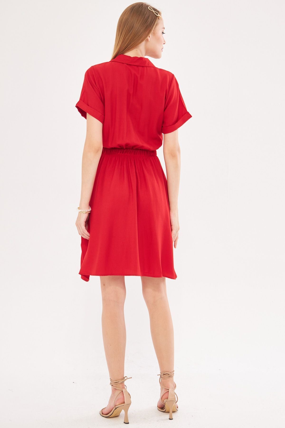 Woman Red Waist Tire Short Sleeve Shirt Dress ARM-23Y001035