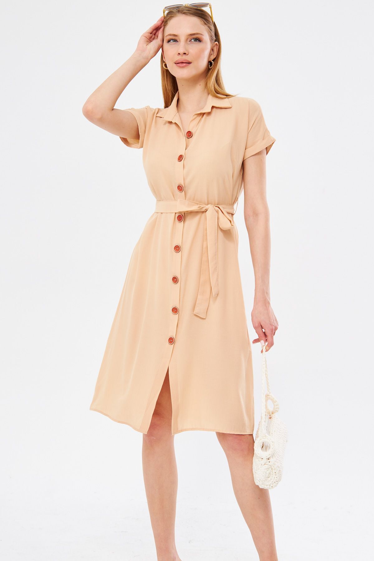 Women's Cream Waist Belt Short Sleeve Shirt Dress ARM-19Y001068