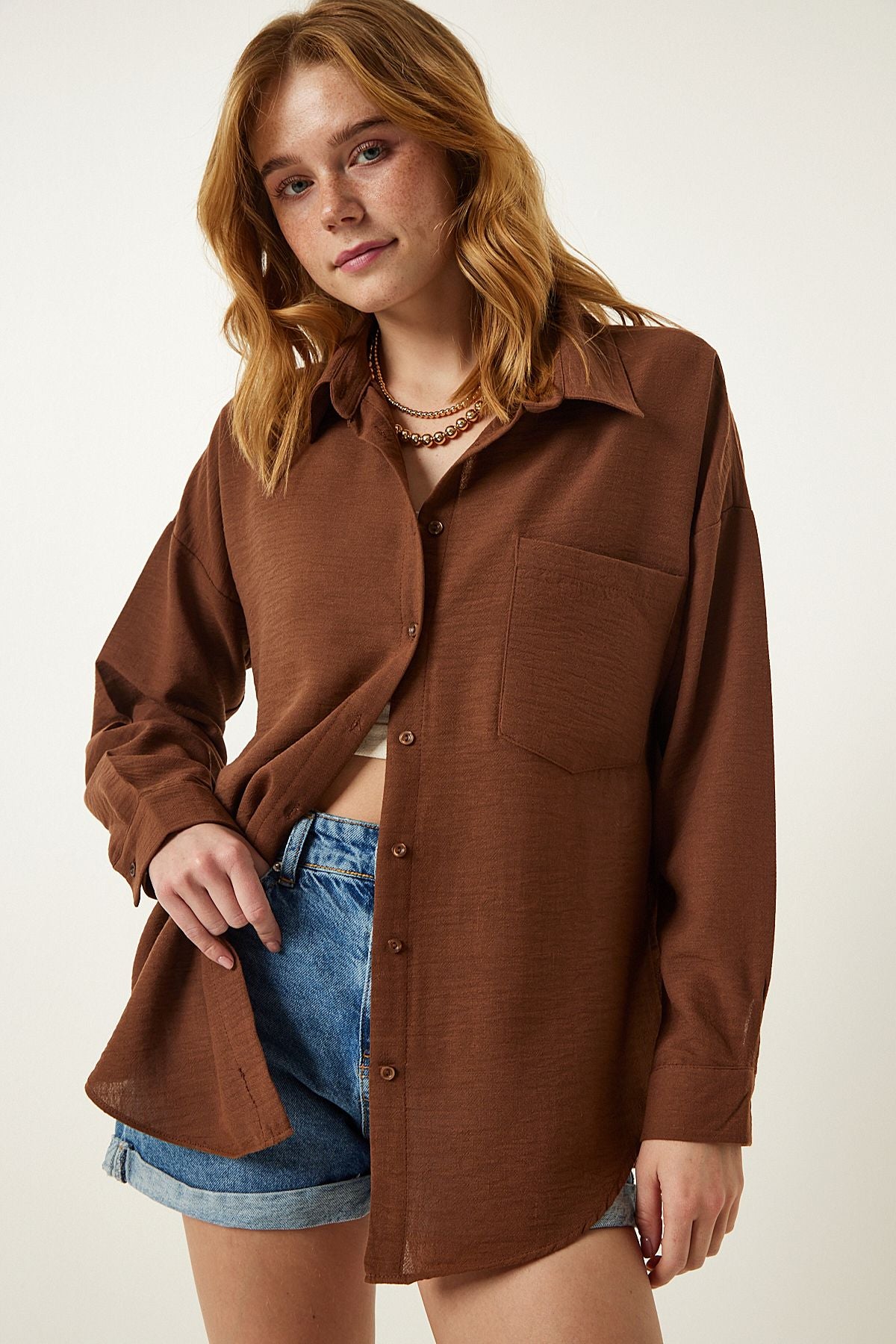 Woman Brown Oversizle Linen Ayrrin Shirt DD01222