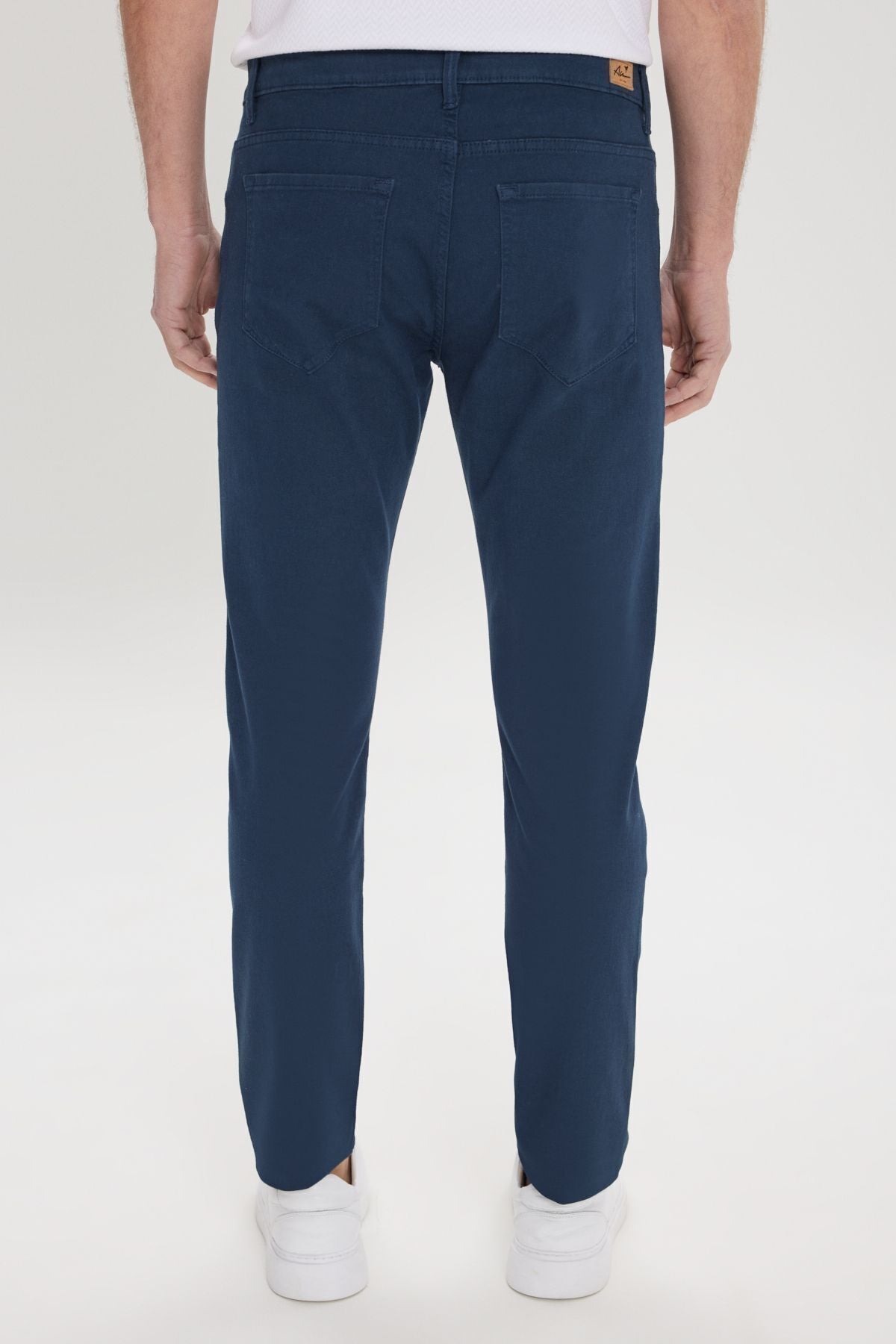 Men's navy blue slim fit narrow cut 5 pocket cotton canvas flexible chino pants