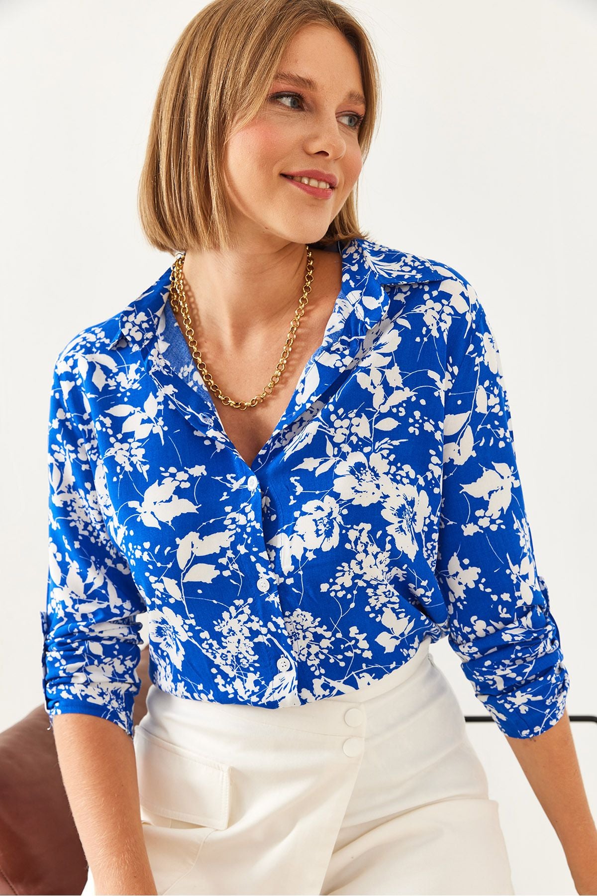 Women's Arm Folding Patterned Viscose Shirt 85001033