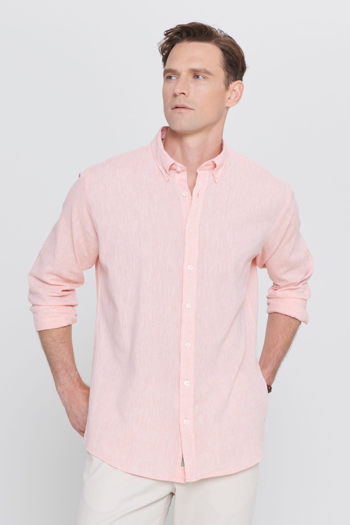 Men's puppy linen comfort fit comfortable cut buttoned collar casual shirt
