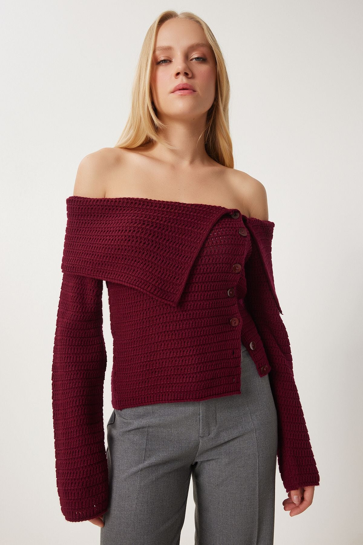 Female burgundy button low carmen collar knitwear blouse FN03377
