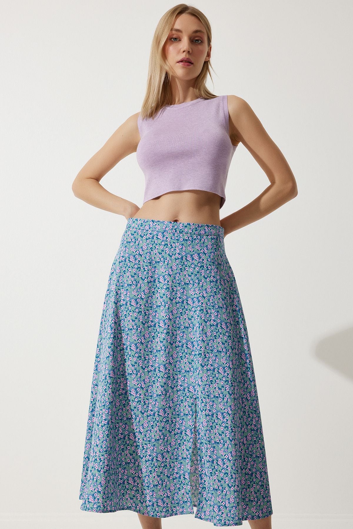 Woman Pink Blue Flower Swittish Summer Viscose Skirt MX00165