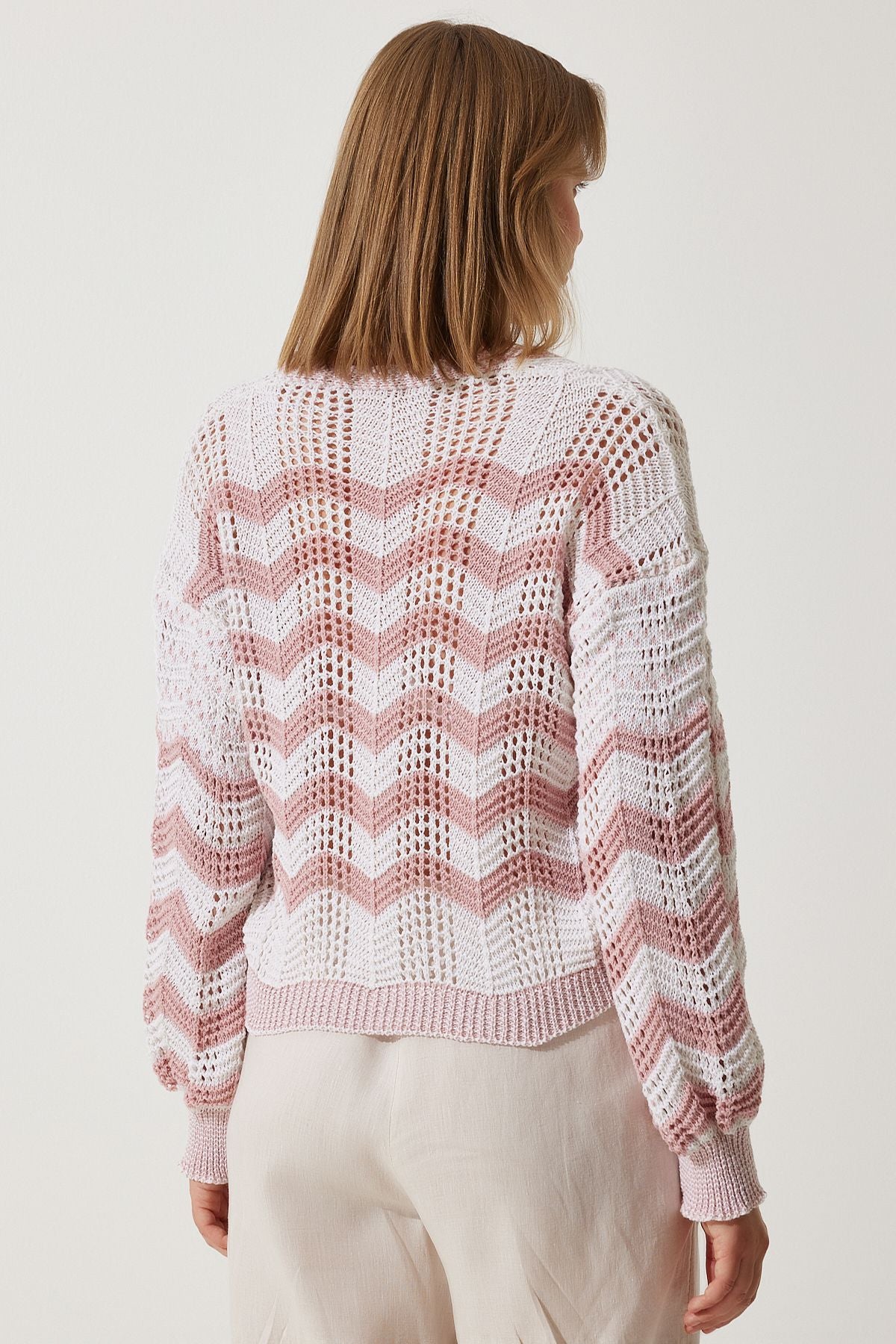 Women's Cream Pink Striped Offer Mevsimlik Triko Cardigan MW00148