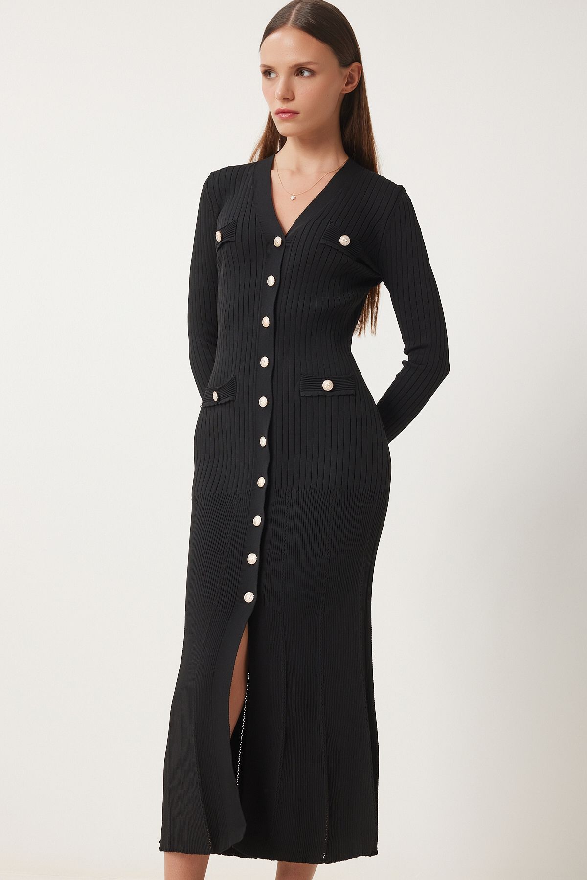 Female black stylish buttoned knitwear dress FN03379
