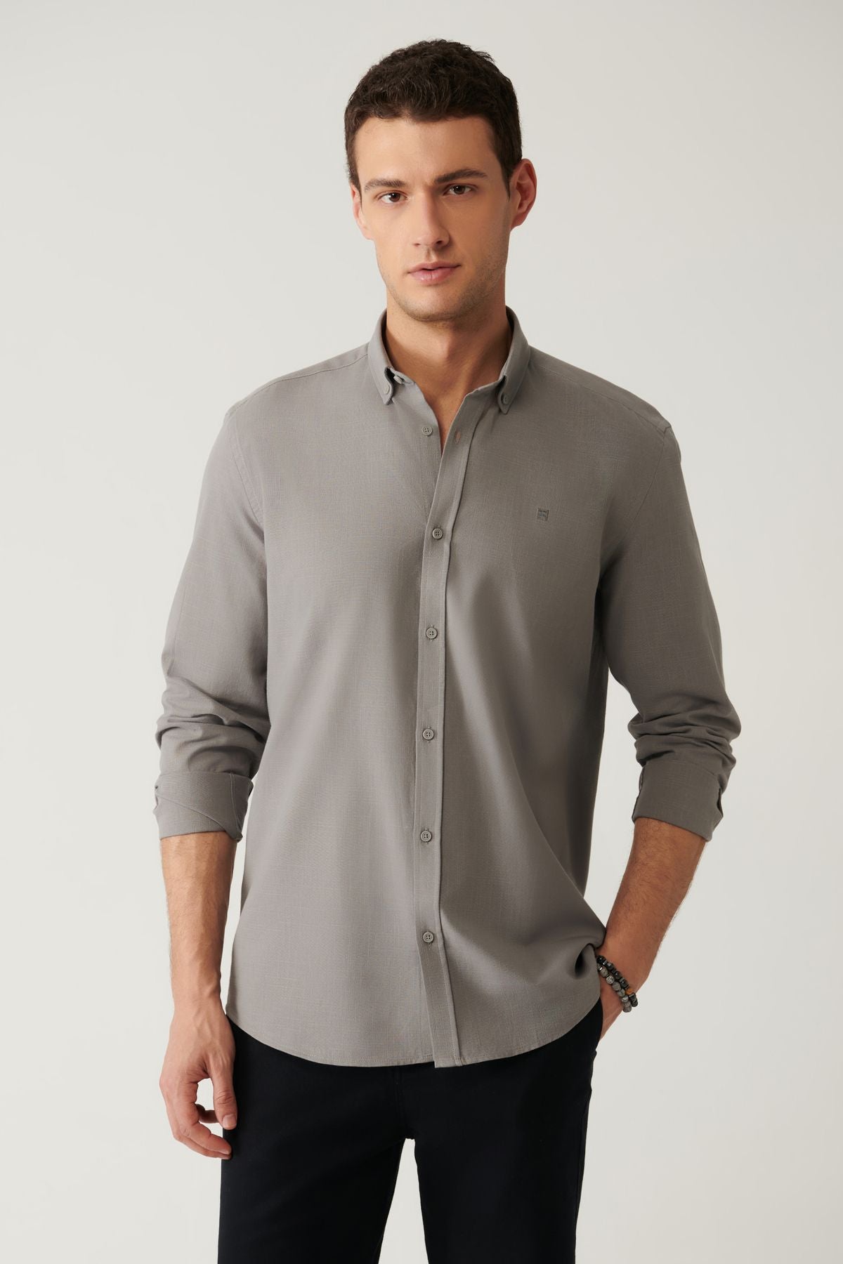 Men's anthracite buttoned collar 100 %cotton linen textured shirt E002141