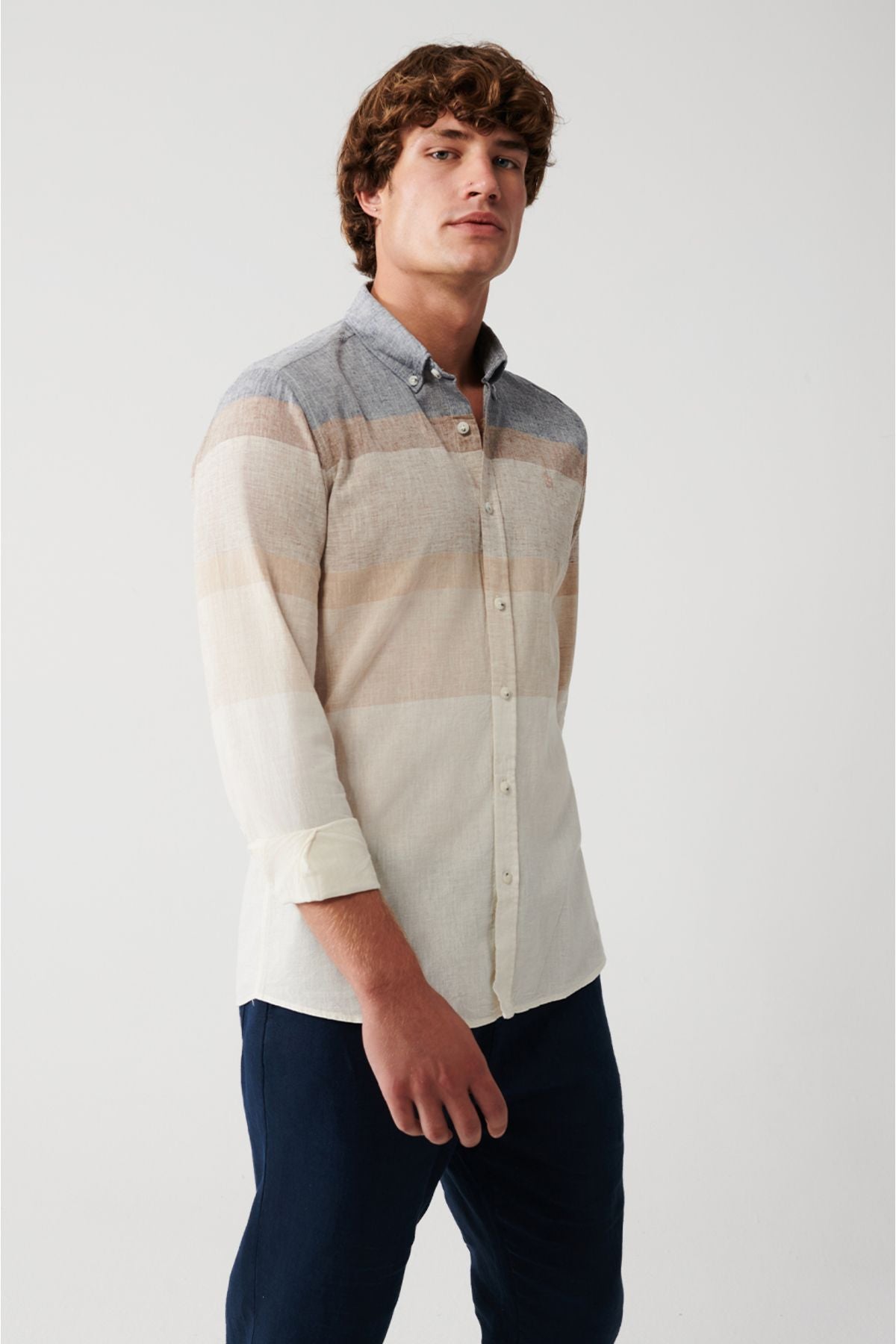 Men's gray cotton linen mixed striped shirt A31y2271