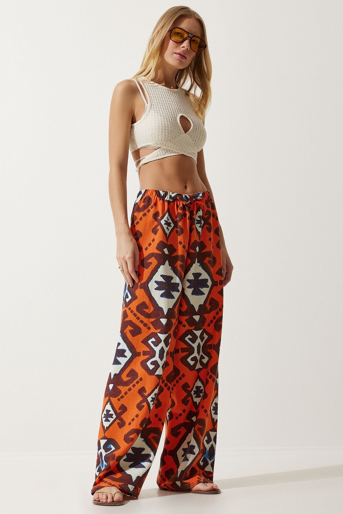 Female Orange Patterned Raw Linen Palazzo Pants BH00397