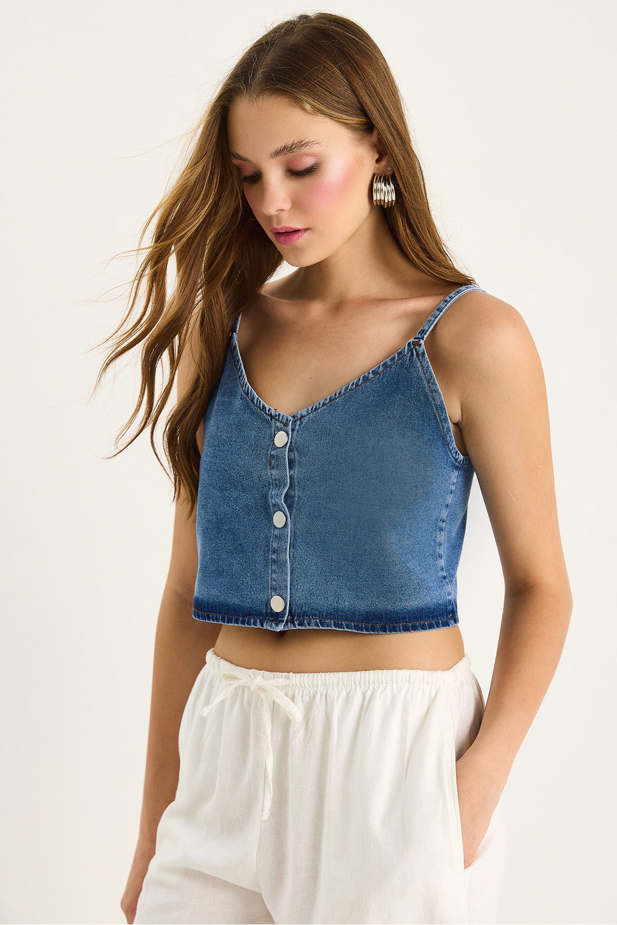 Women's Thin Strap V-Neck Crop Denim Blouse 6079 60281078