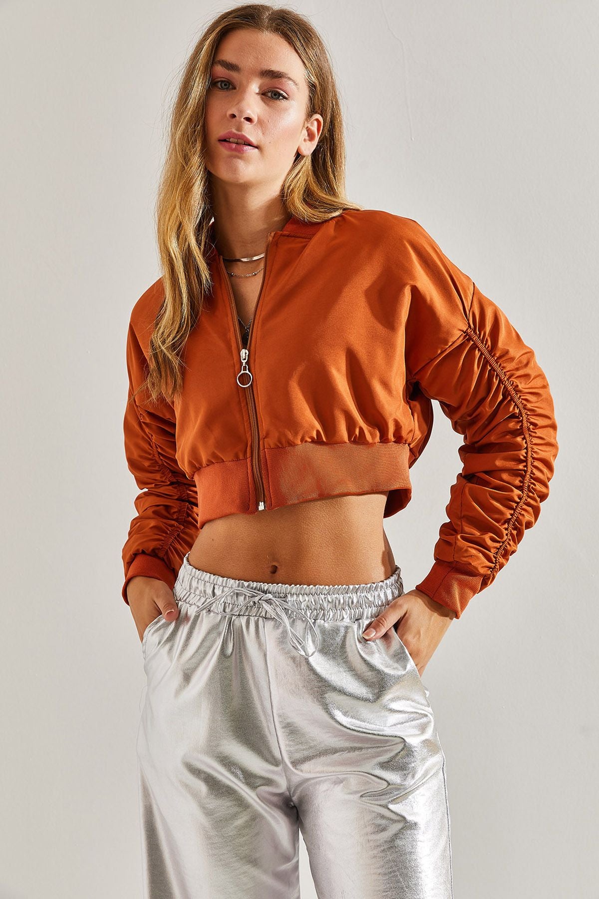 Female arm shirred bomber jacket