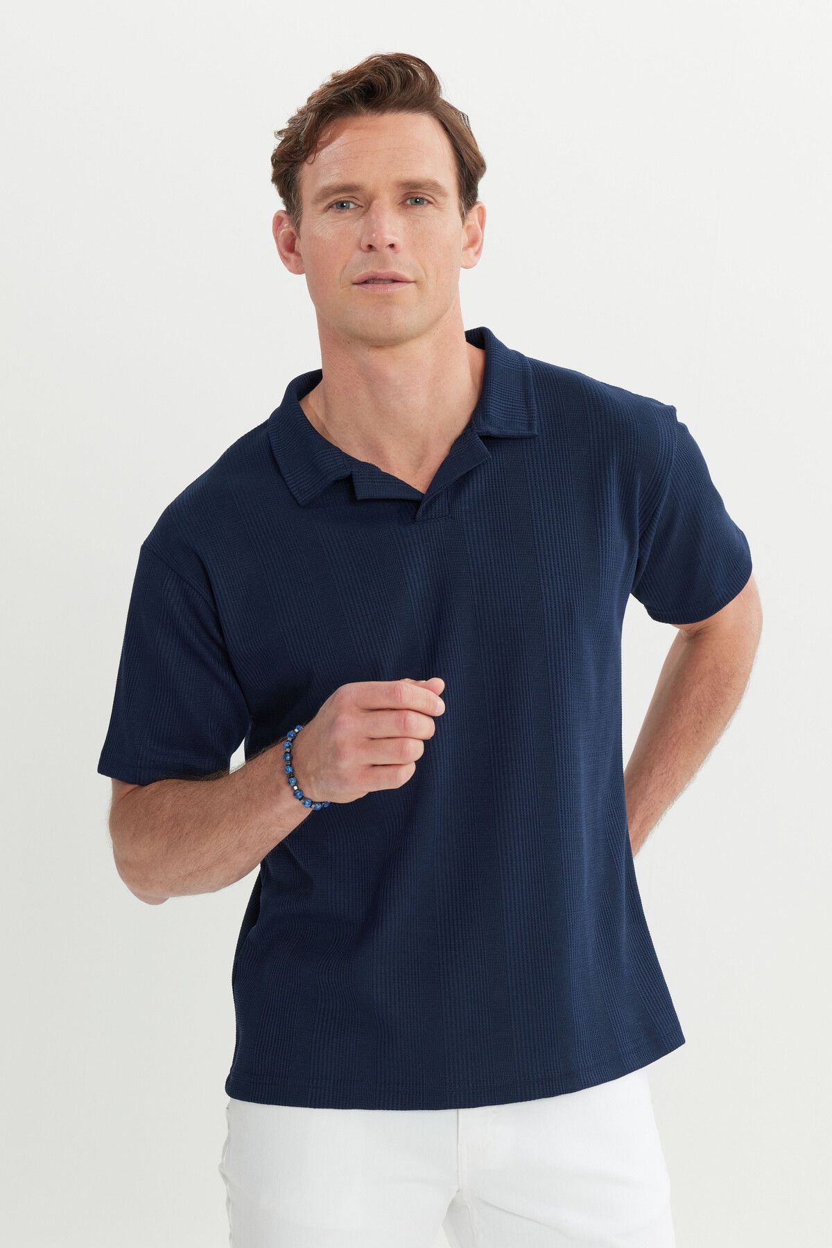 Men's navy blue relax fit comfortable cut Polo Yaka T -shirt