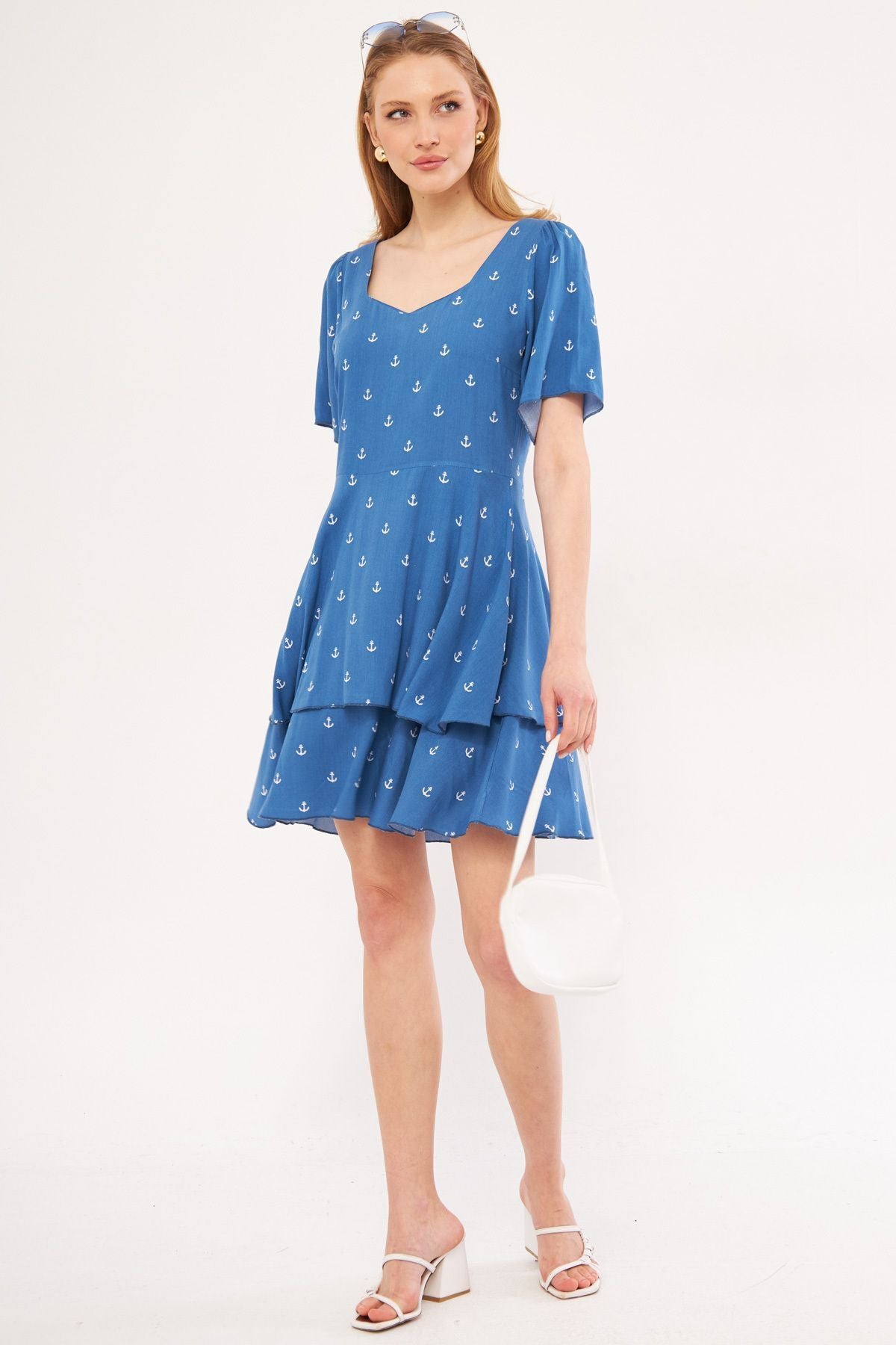 Female Blue Minus Dress Short Sleeve Skirt Floor Zippered Patterned Mini Boy ARM-24Y001026