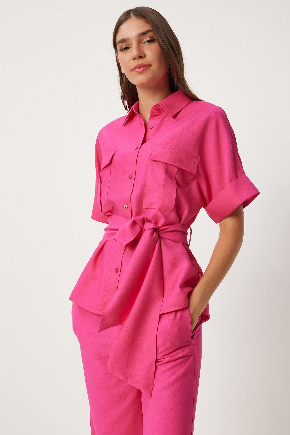 Female pink belt shirt pants weaving set FN03276