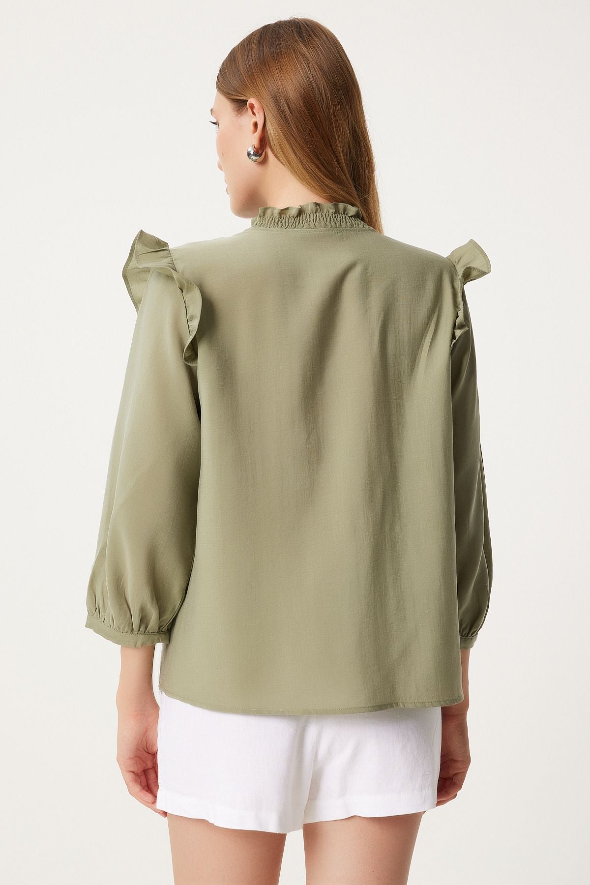 Female Khaki Suffering Detailed Flax Mixed Blouse HK00039
