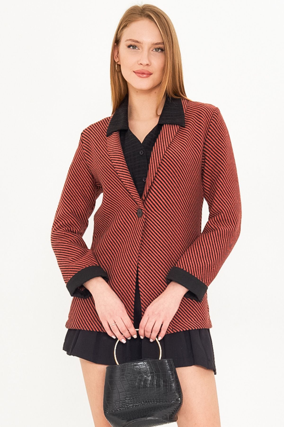 Women's Tile striped lever folding single button stamp jacket ARM-25K001106