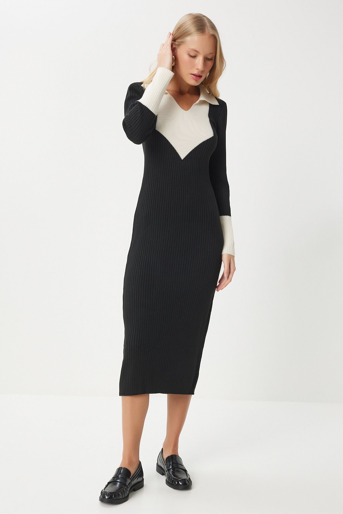Female black contrast polo collar knitwear dress jg00003