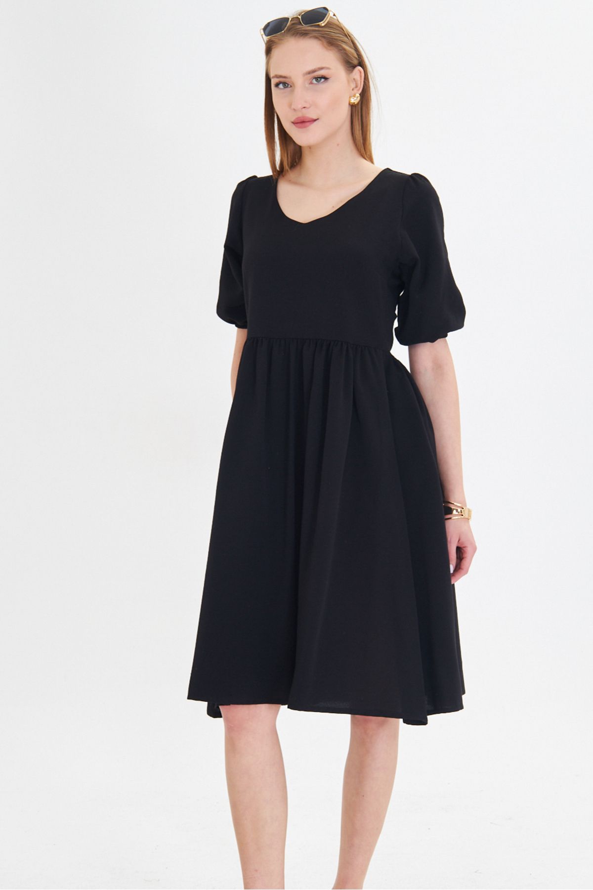Female Black U-Neck Arms with rubber waist shirred midi size dress ARM-25Y001003