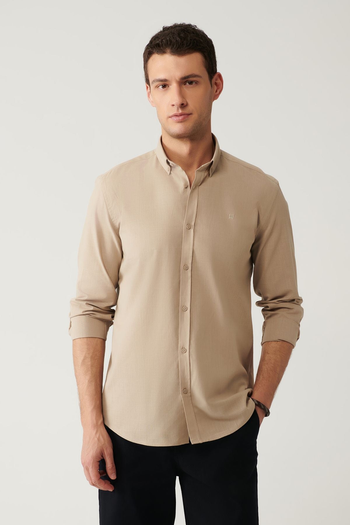 Men's mink button collar 100 %cotton linen textured shirt E002141