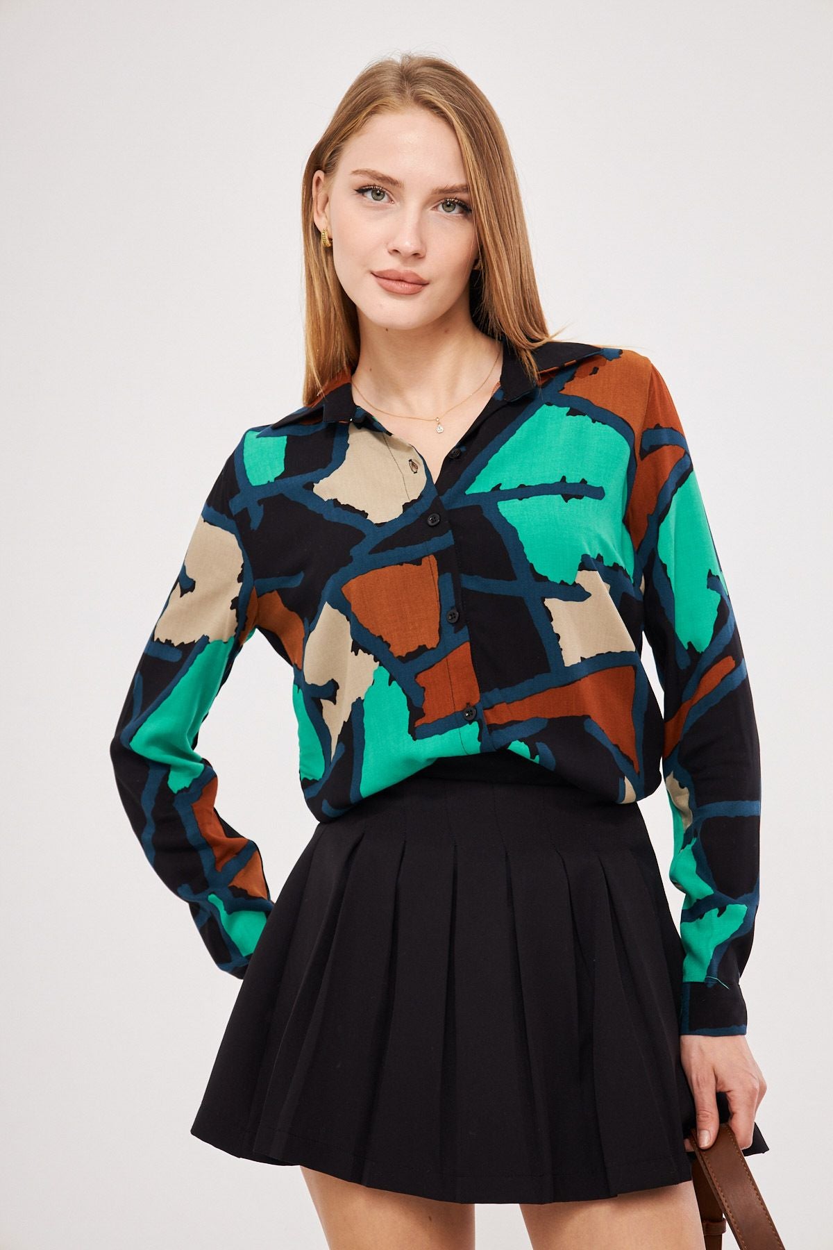 Female turquoise patterned long arm shirt ARM-25K001040