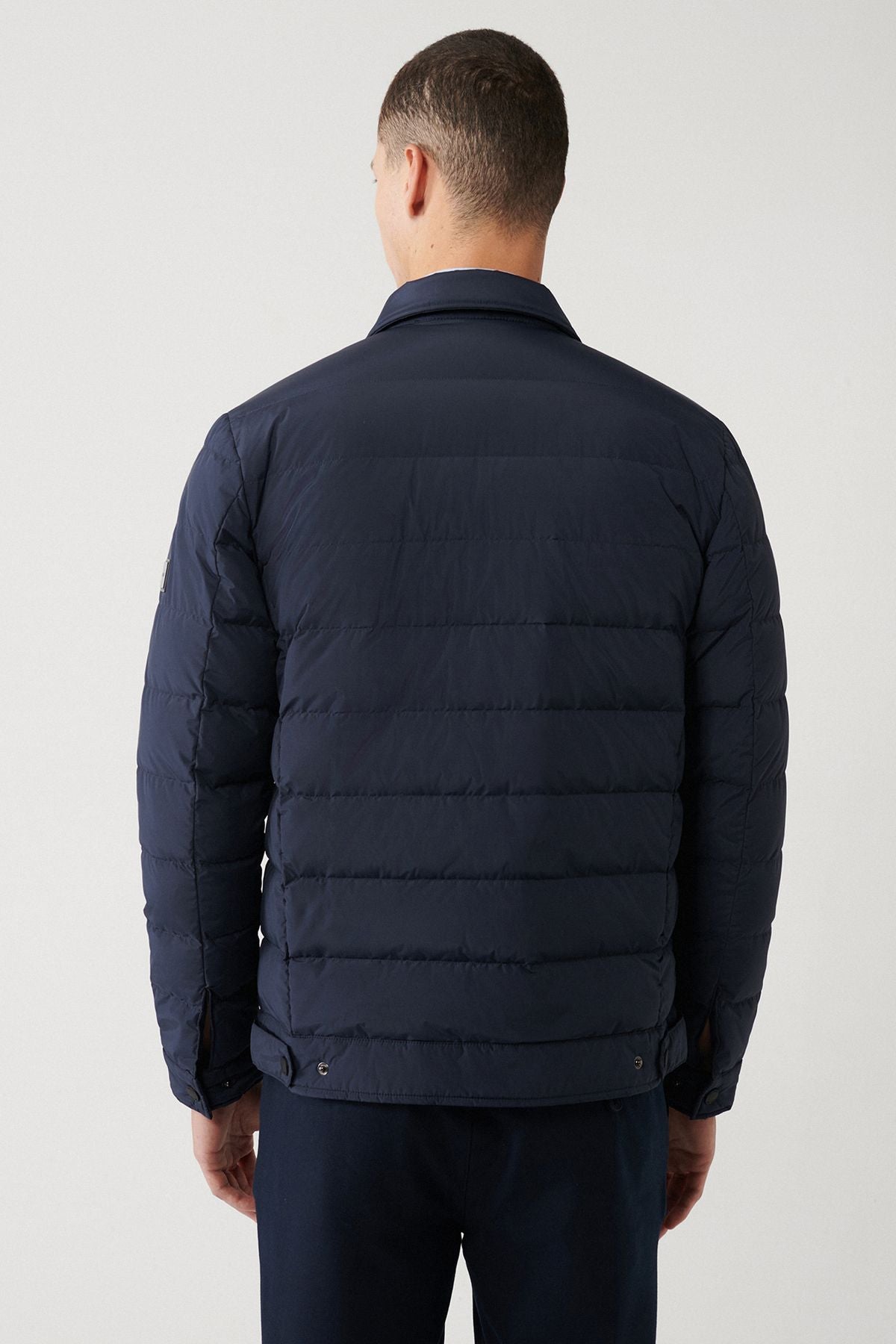 Men's navy blue goose feather water printer and windproof classic collar coat A32y6022
