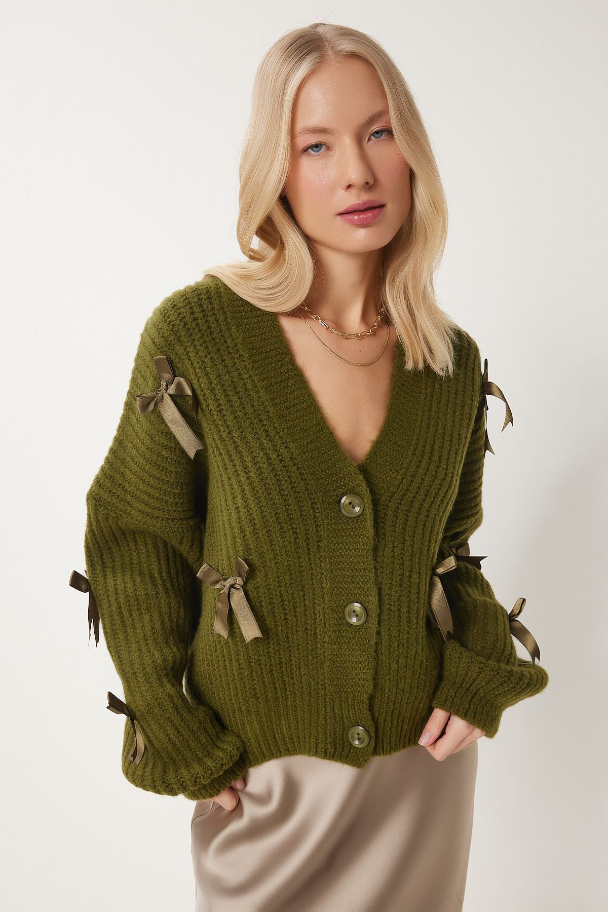 Woman Khaki Bow Triko Cardigan PF00095