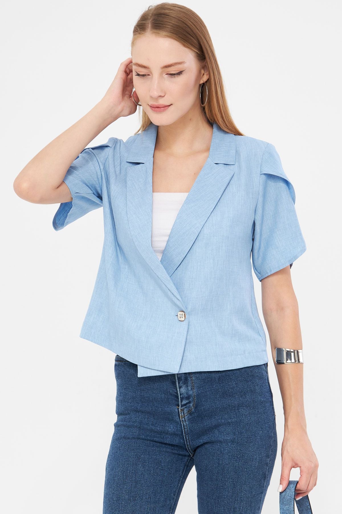 WOMEN BABY BLUE BLACK SPRING DETAILED Crop Short Sleeve Jacket ARM-24Y001048