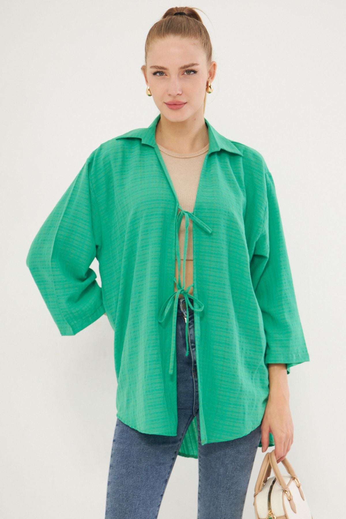 WOMEN LIGHT GREEN SHIRT COLLAR front with laced kimono shirt ARM-25K001006