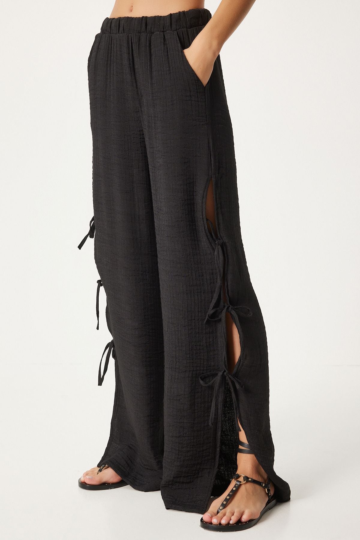 Female Black Bow Slit Flax Pants FN03298