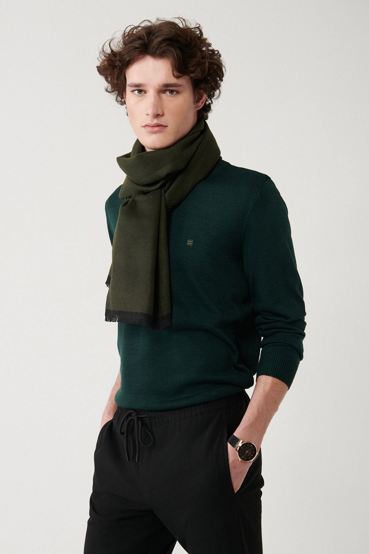 Men's Green Unisex Knitwear Sweater Half Fisherman Collar Flashing Regular Fit E005001