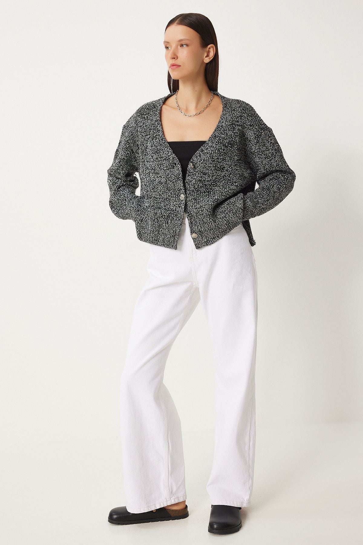 Women's Gray Melanj Kırçıllı V neck knitwear cardigan FN03338