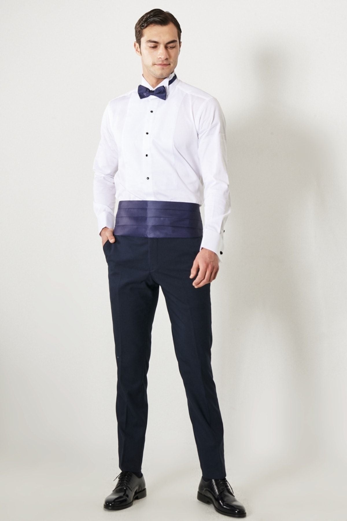 Men's white-lacivert slim fit narrow cutting mono collar pattern classic tuxedo set