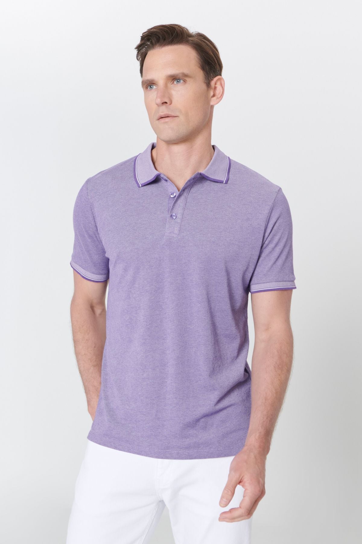 Men-Plugging Cotton Fabric Slim Fit Narrow Cut Purple-White Curlled Polo Yaka T-shirt