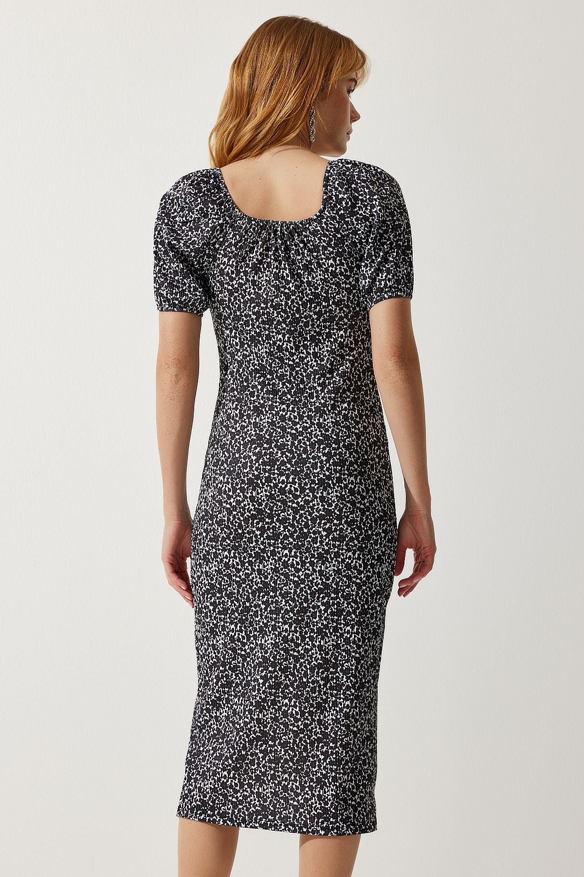 Female black patterned shirred knitted dress CI00102