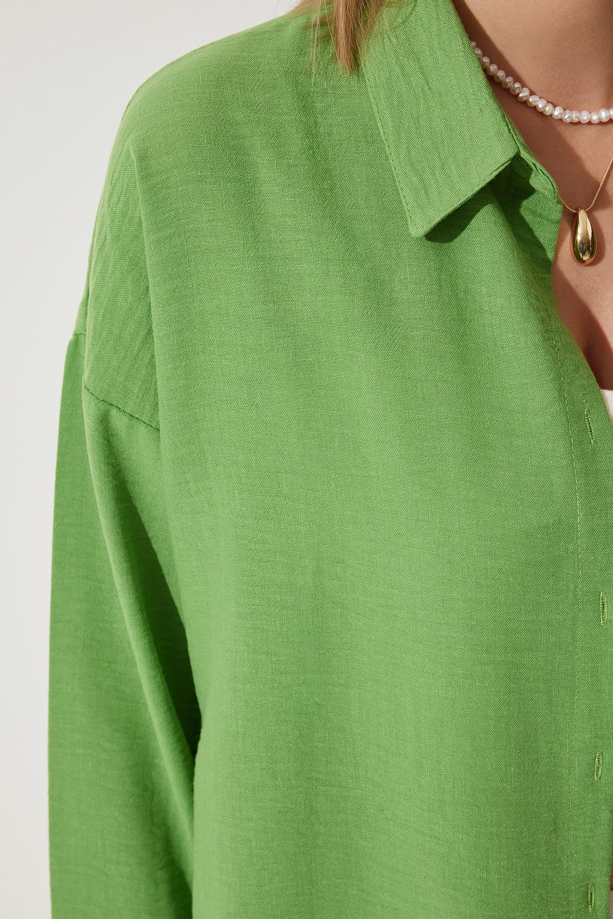 Woman Dark Cagla Green Oversize Linen Ayrrin Shirt DD01222