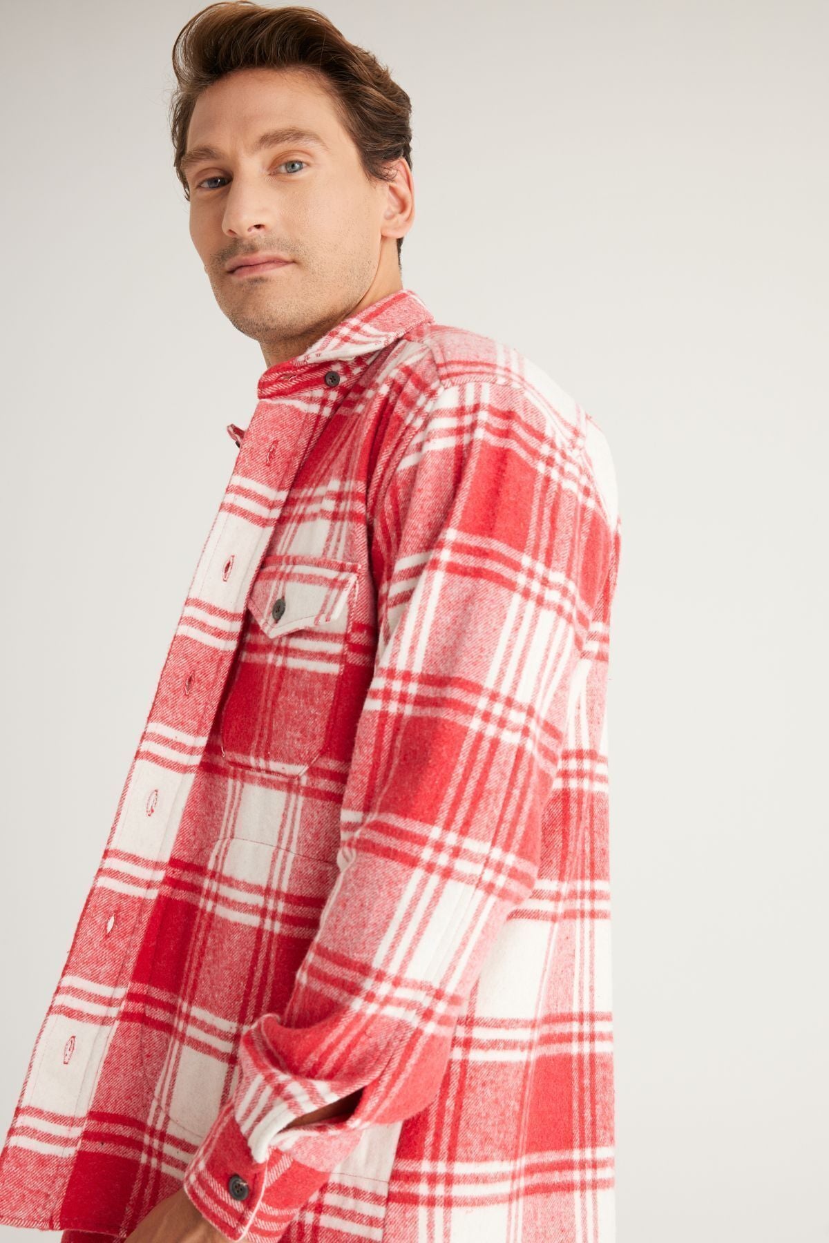 Men's Red Ecru Oversiz plenty of cut buttoned collar checkered winter shirt jacket