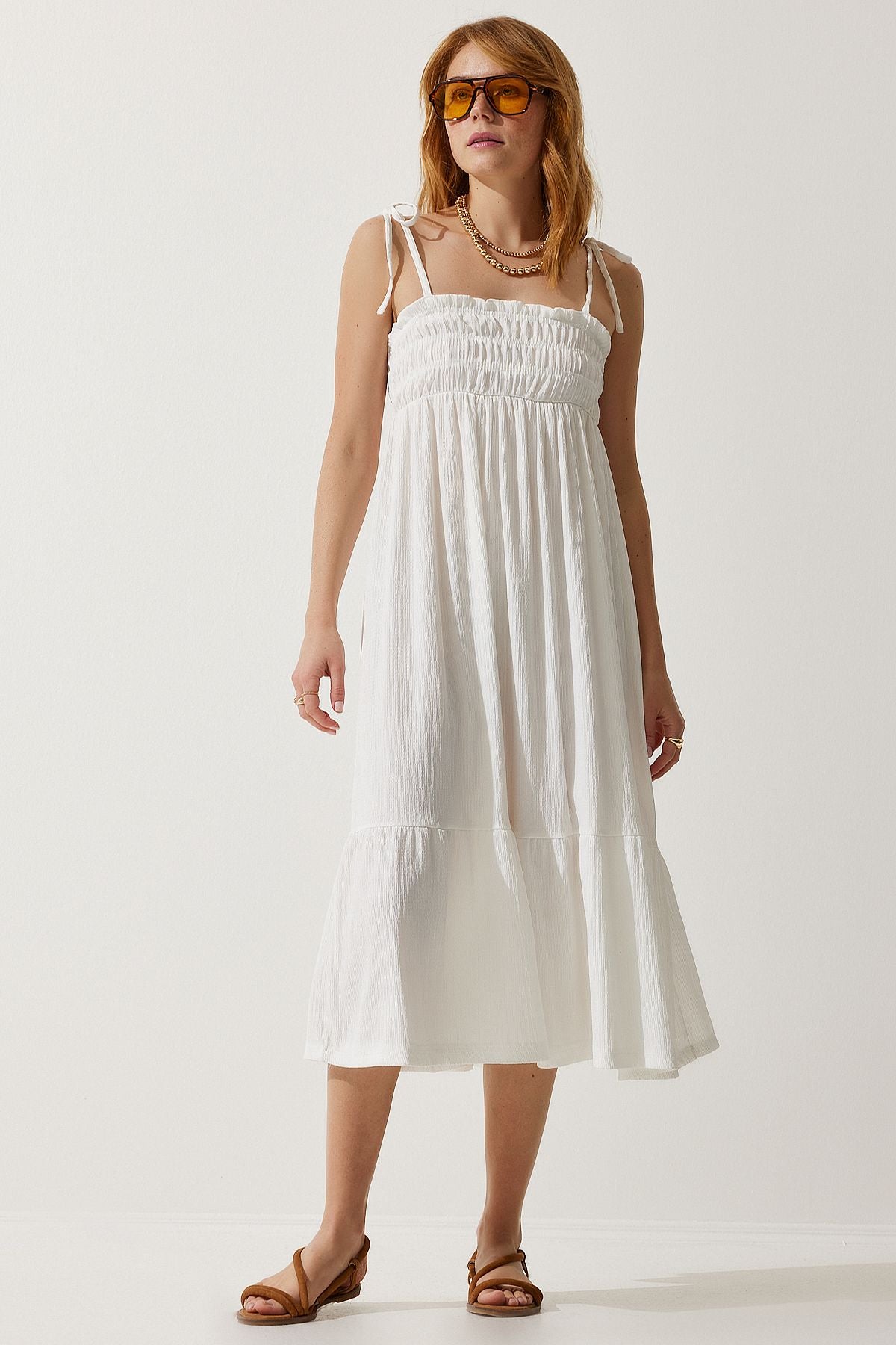 Woman White Hanger Krinkıl Summer Knitting Dress UB00250