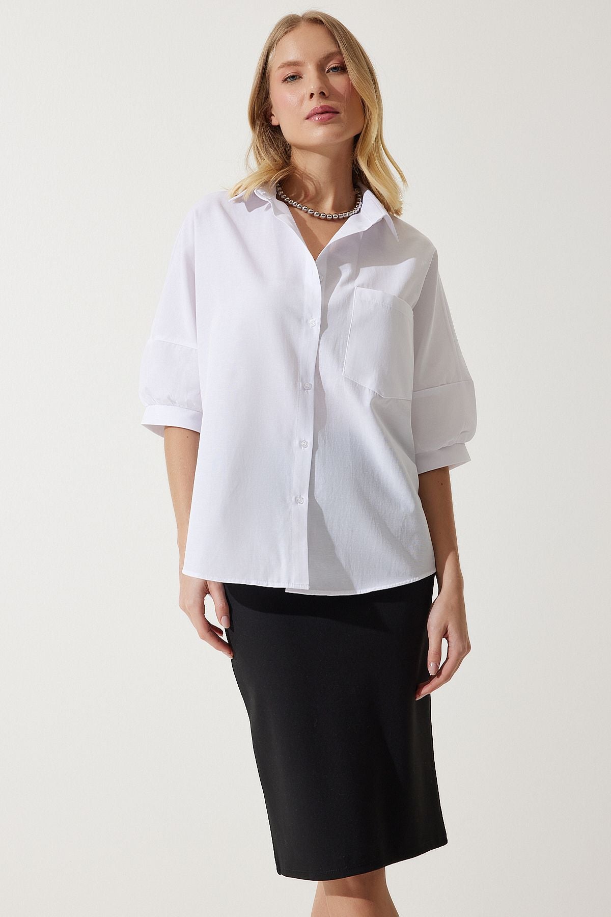 Woman White Balloon Sleeve Poplin Shirt DD01308