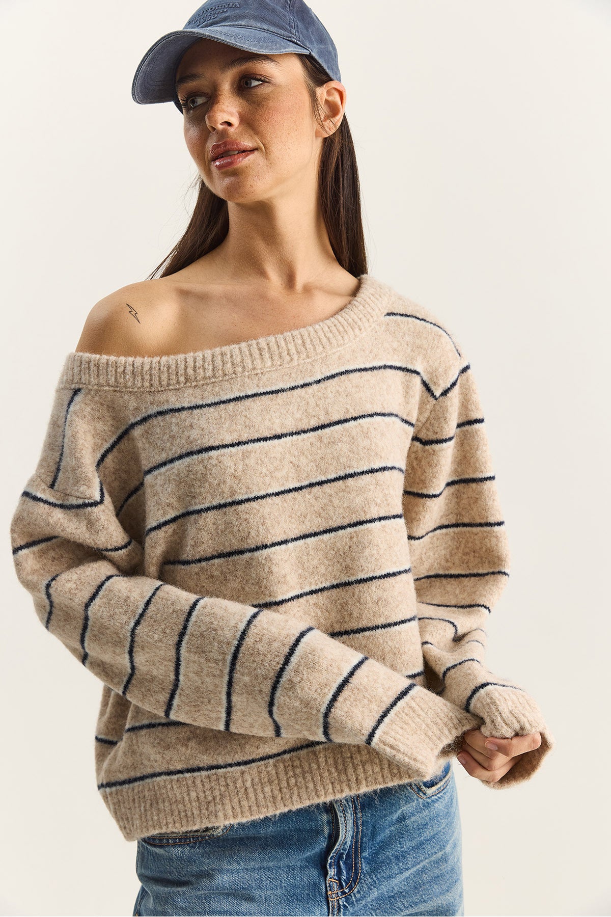 Women's Bardot Collar Striped Oversize Knitwear Sweater 2570 60283876