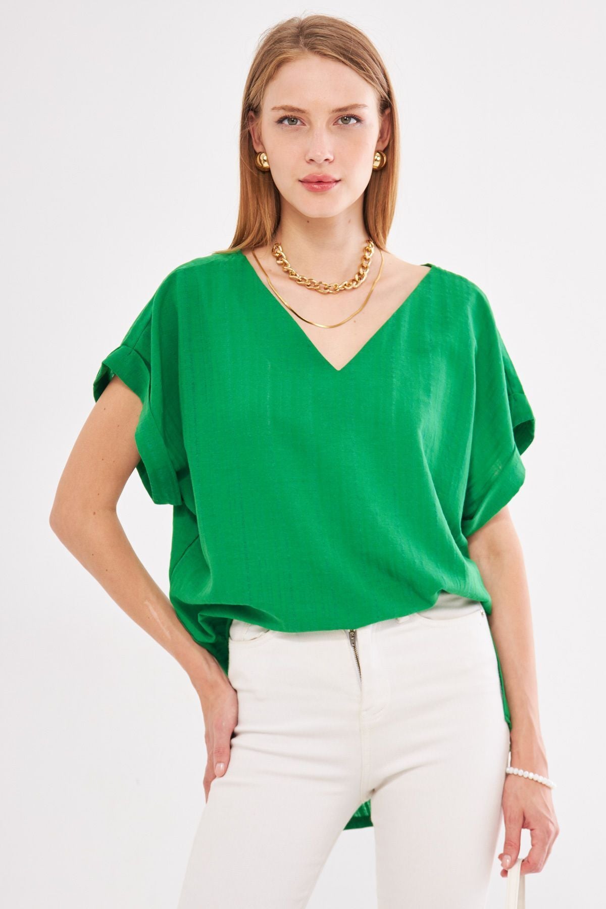 Female Green V-Neck Side Slip Behind Long Duble Arm Detailed Oversiz Blouse ARM-24Y001074