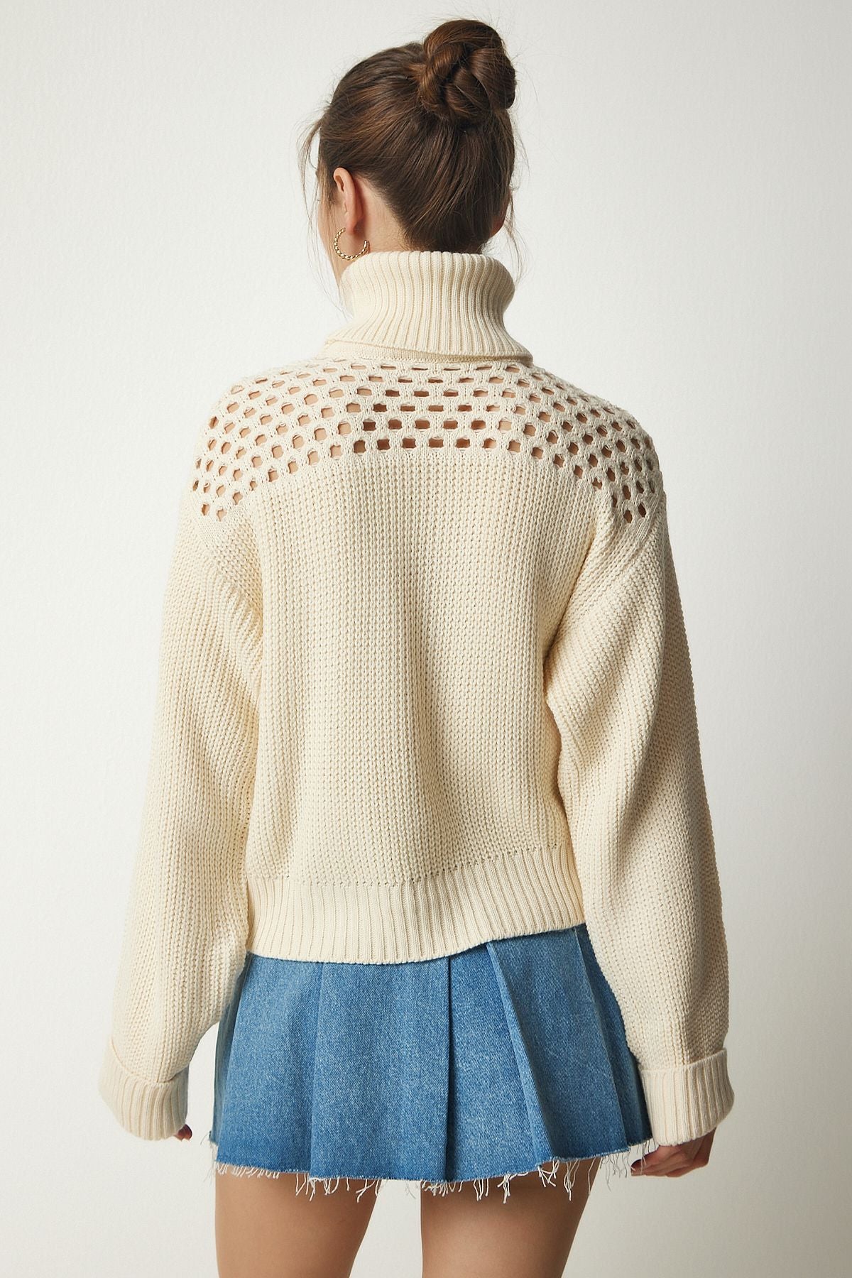 Women's cream fisherman collar openwork knitwear sweater CI00090