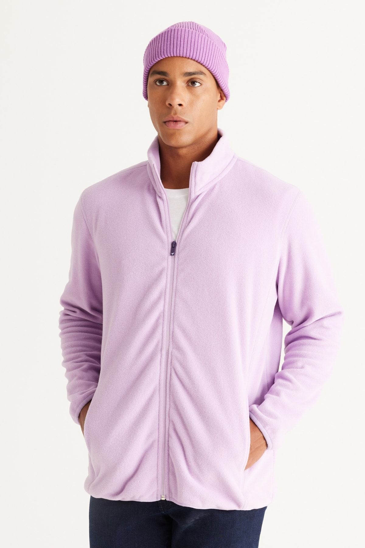 Men's lilac anti-pilling standard standard fit upright bato collar sweatshirt polar jacket