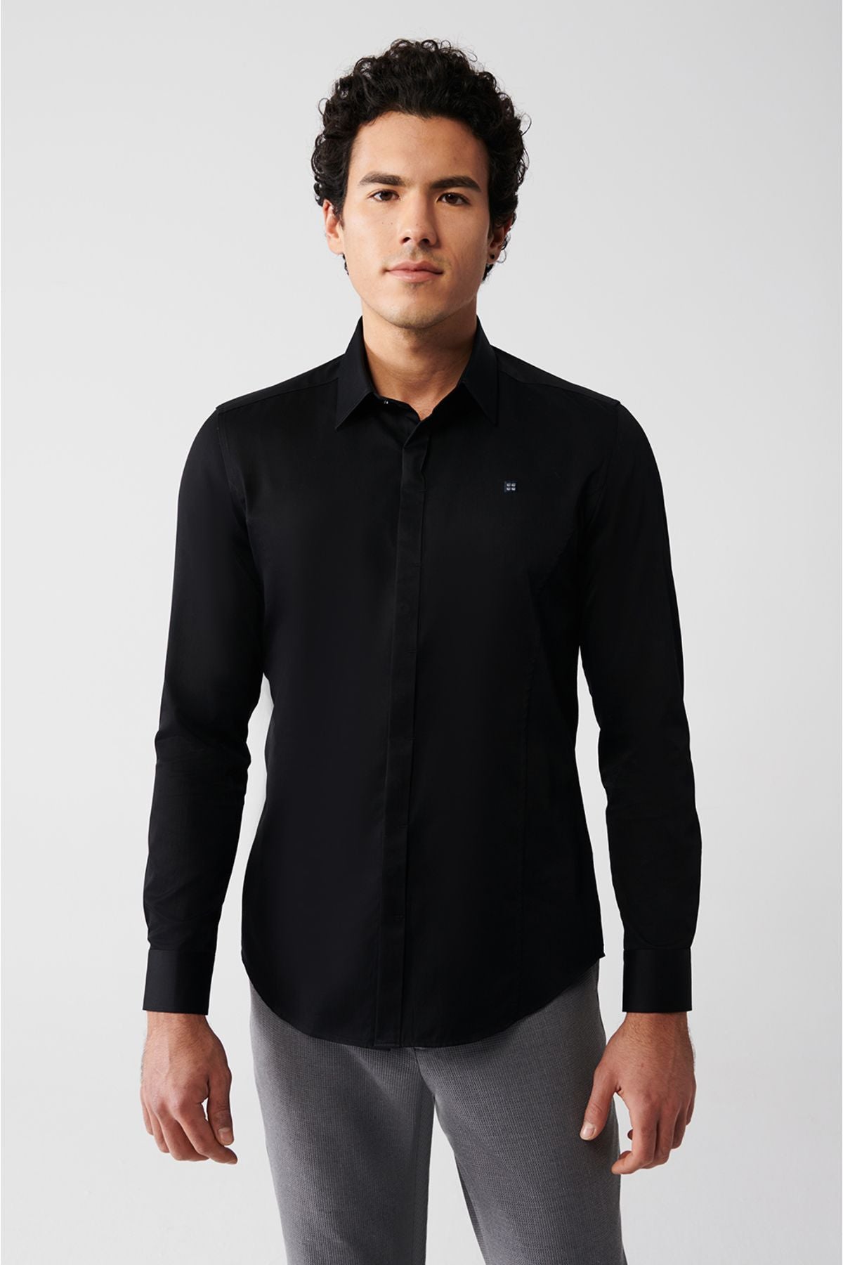 Men's black 100 %cotton classic collar satin shirt B002002