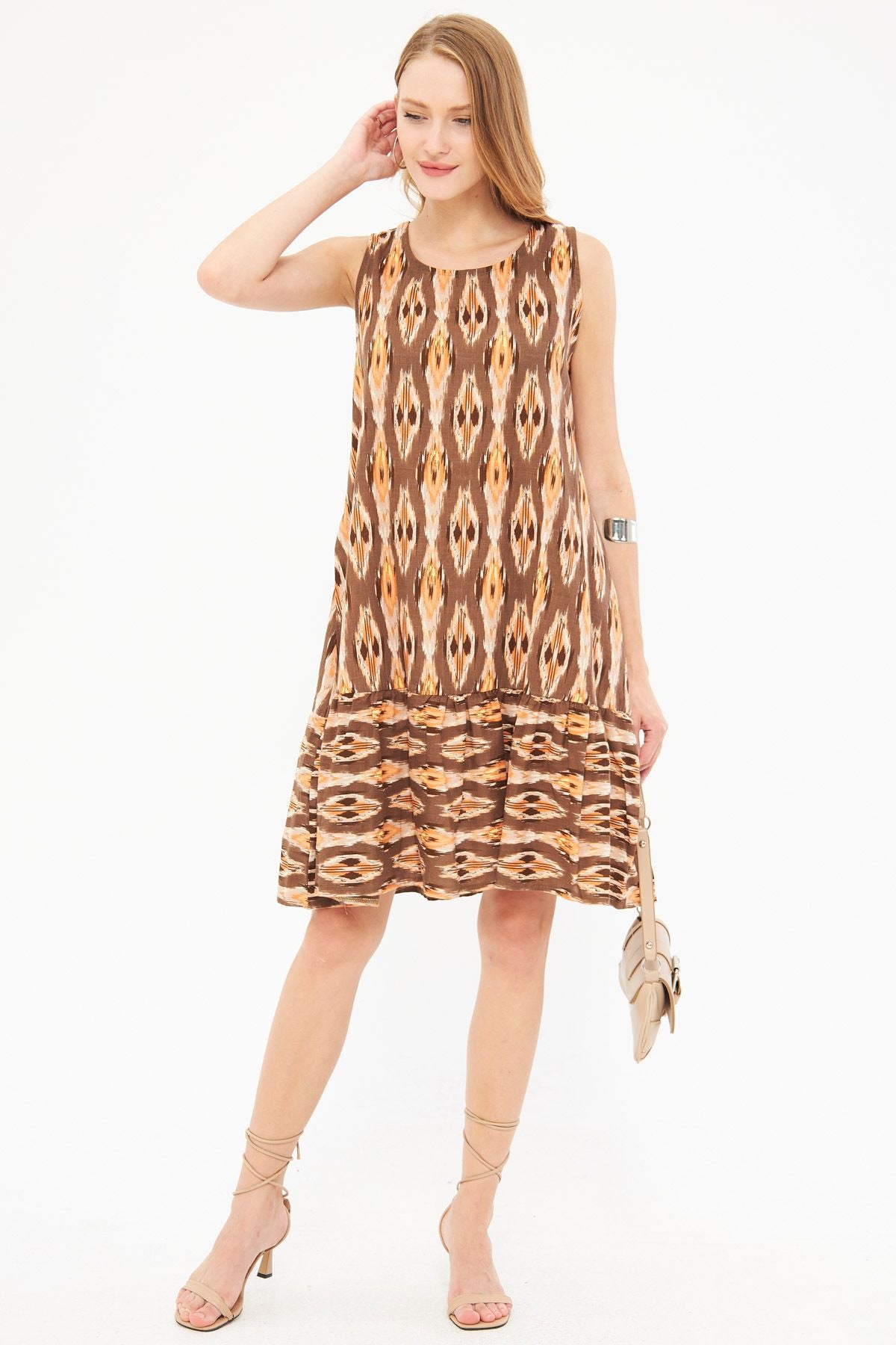 Woman Coffee Patterned Sleeveless Skirt Ruffled Dress ARM-22K001142