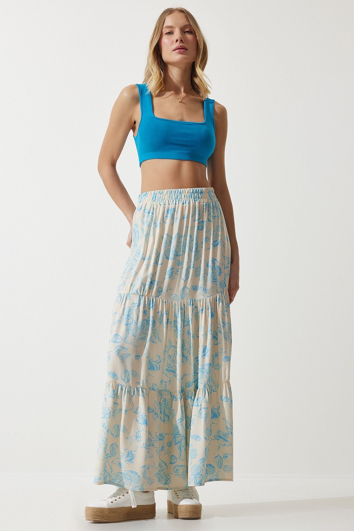 Women's Cream Blue Flower Patterned Volan viscose skirt DD01310