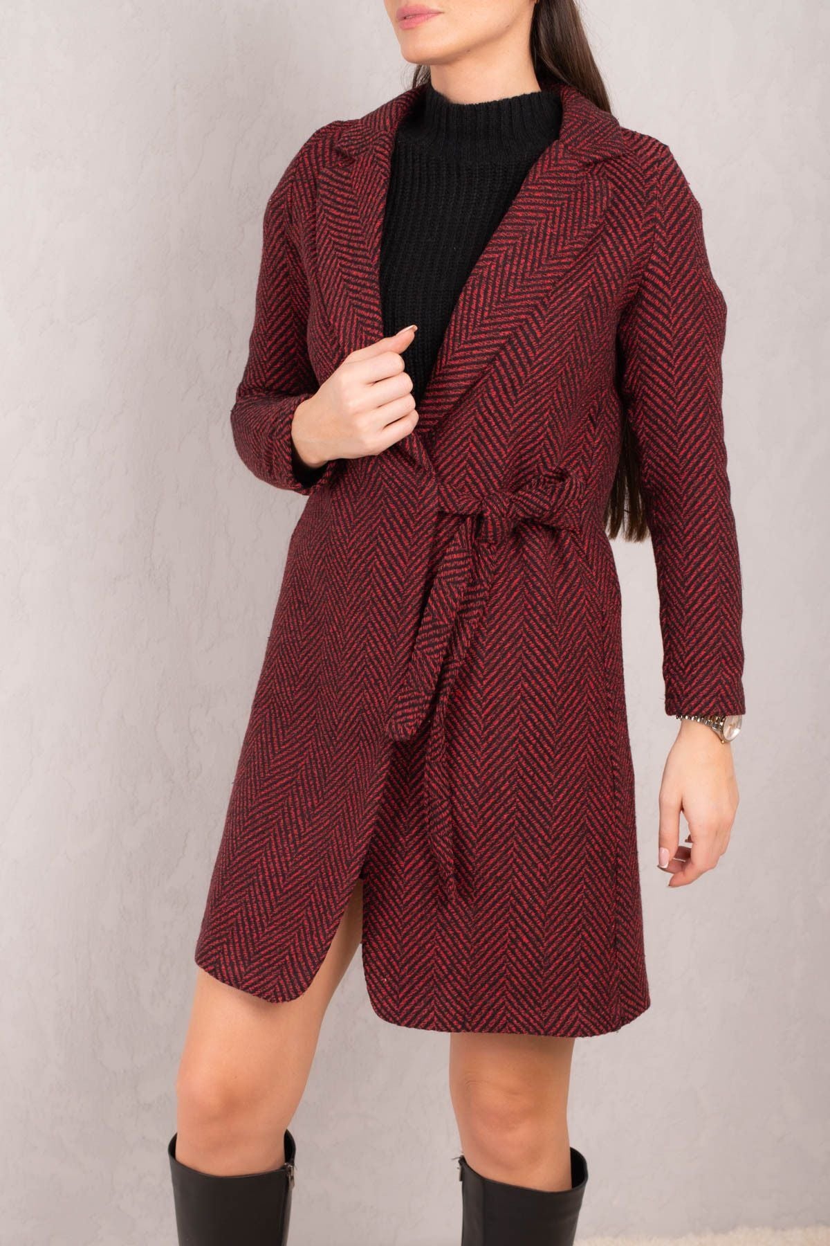 Woman Red Side Fish Pattern Pattern Long Stamp Coat ARM-24K001010