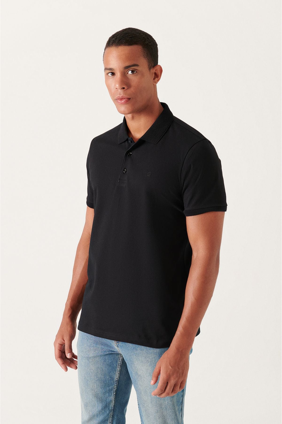 Men's Black 3 Button 100 %Corn Cotton Polo Yaka T-shirt B001027