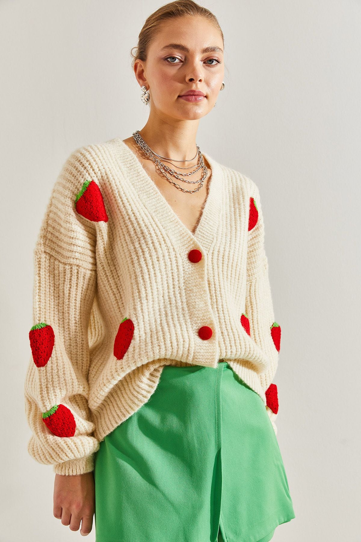 Woman strawberry button knitwear cardigan